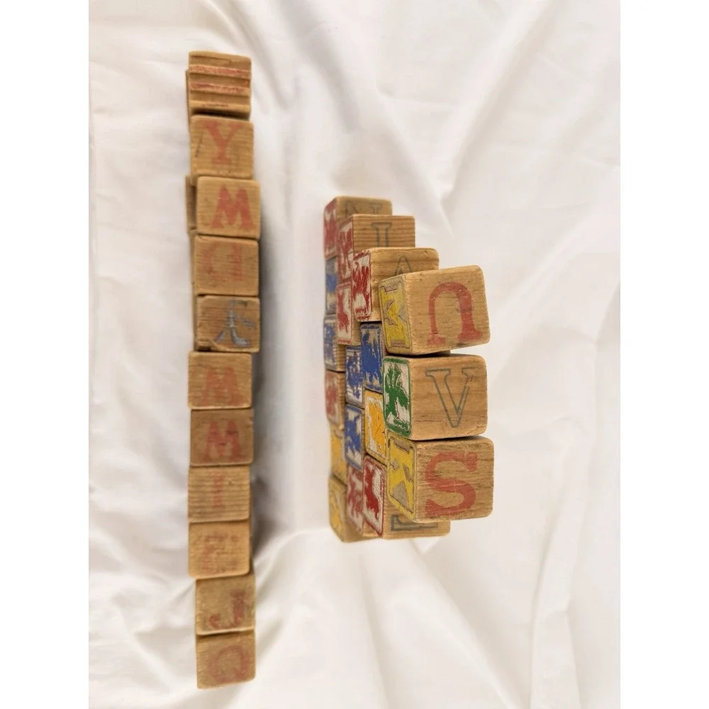 Vintage Wooden Alphabet Blocks‎ ABC Picture Toy Set 44 Nursery Rhyme Animals